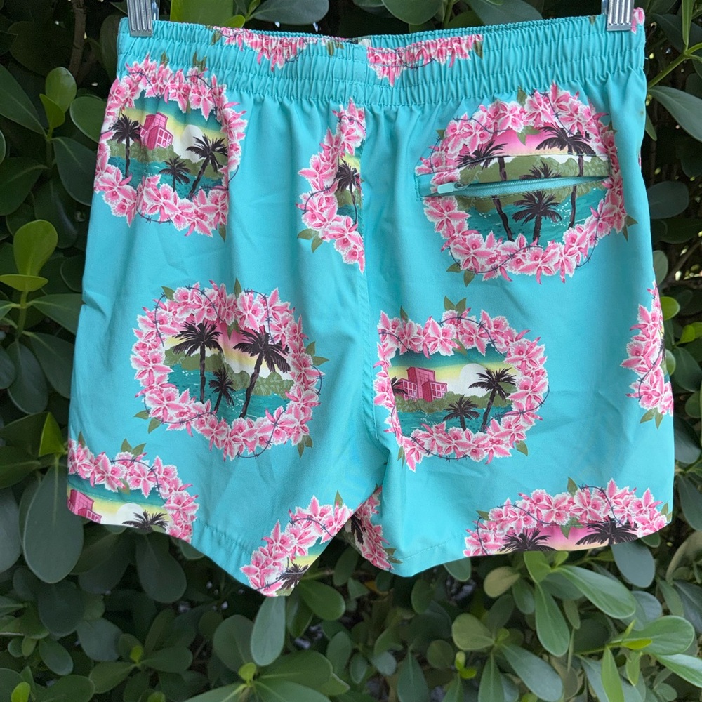 Duvin Men's Aqua Tropical Print Swim Trunks M